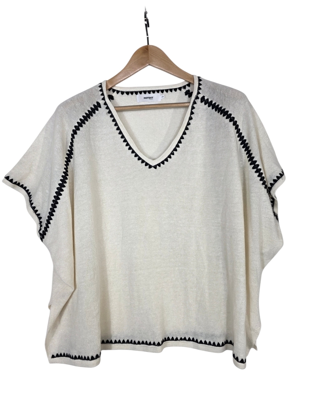 Notshy Cashmere Linen Blend V-Neck Embroidered Edges Relaxed Blouse